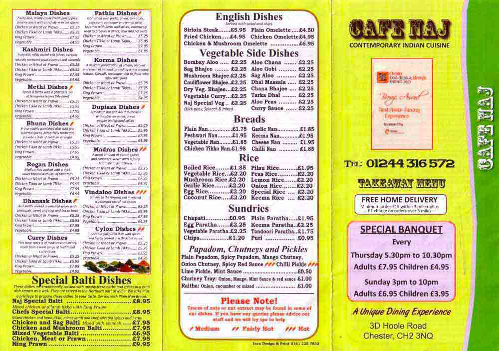 Chestertourist.com - Cafe Naj Hoole Chester Restauant Menu Page One